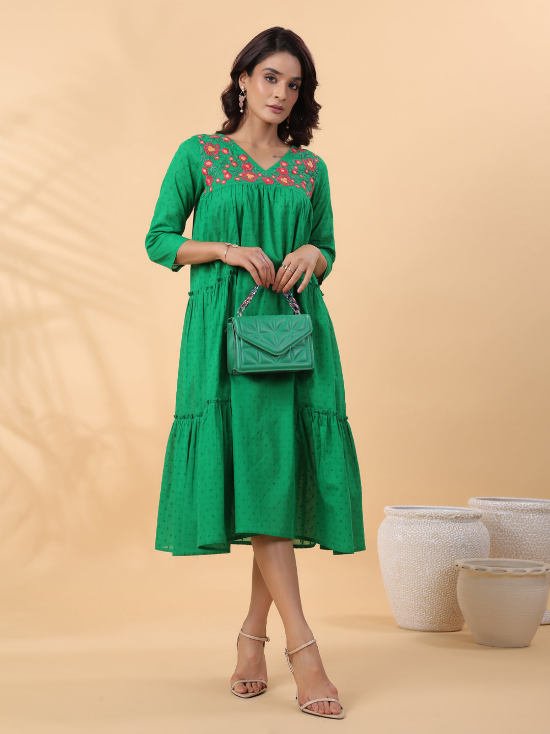 Janasya Pleated Dobby Cotton Green Embroidered V-Neck Dress | Swadesiicart