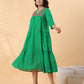 Janasya Pleated Dobby Cotton Green Embroidered V-Neck Dress | Swadesiicart
