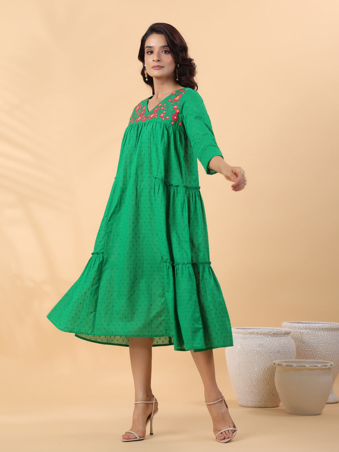 Janasya Pleated Dobby Cotton Green Embroidered V-Neck Dress | Swadesiicart
