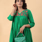 Janasya Pleated Dobby Cotton Green Embroidered V-Neck Dress | Swadesiicart