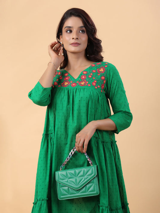 Janasya Pleated Dobby Cotton Green Embroidered V-Neck Dress | Swadesiicart