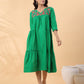 Janasya Pleated Dobby Cotton Green Embroidered V-Neck Dress | Swadesiicart