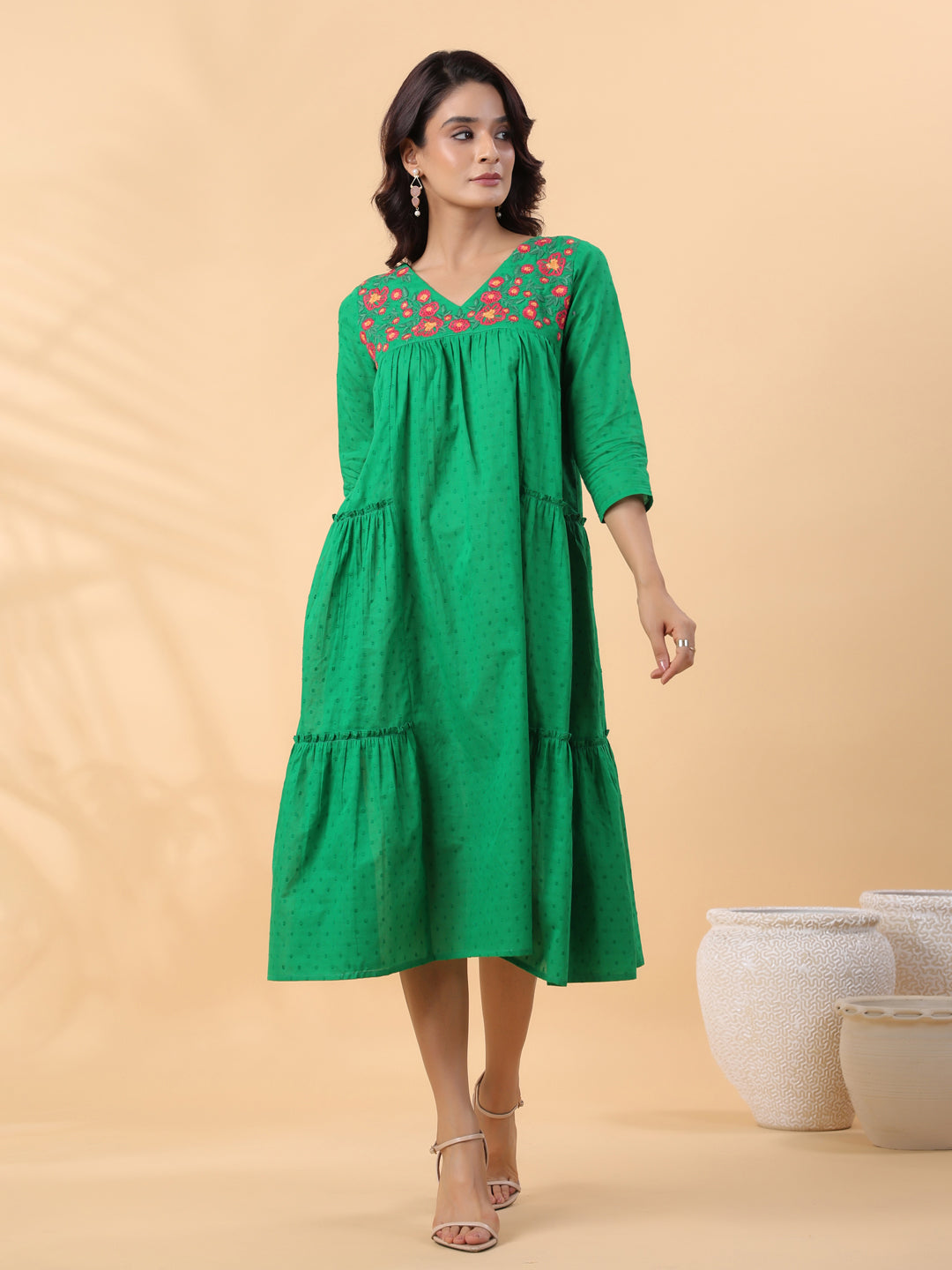 Janasya Pleated Dobby Cotton Green Embroidered V-Neck Dress | Swadesiicart