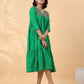 Janasya Pleated Dobby Cotton Green Embroidered V-Neck Dress | Swadesiicart