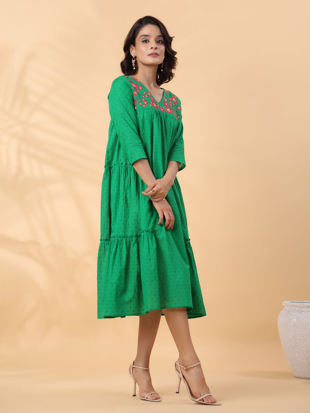 Janasya Pleated Dobby Cotton Green Embroidered V-Neck Dress | Swadesiicart