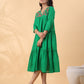 Janasya Pleated Dobby Cotton Green Embroidered V-Neck Dress | Swadesiicart
