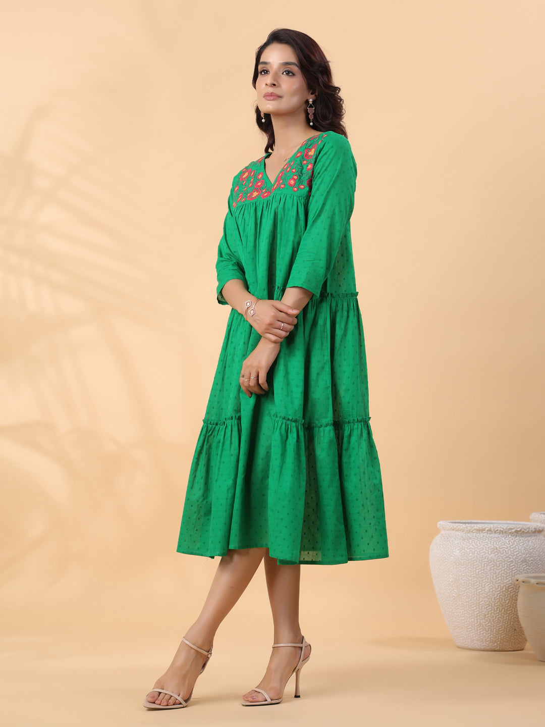 Janasya Pleated Dobby Cotton Green Embroidered V-Neck Dress | Swadesiicart