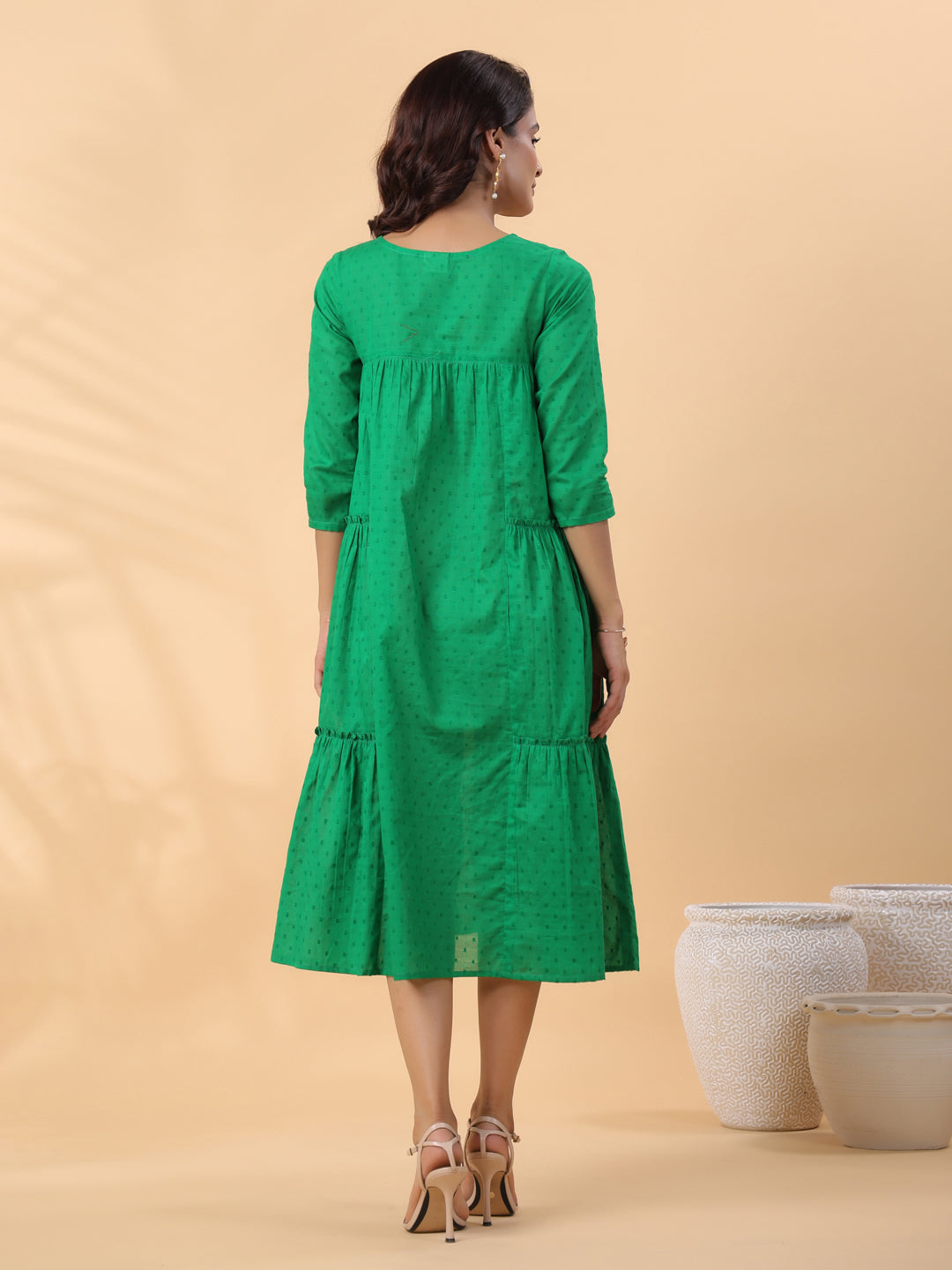 Janasya Pleated Dobby Cotton Green Embroidered V-Neck Dress | Swadesiicart