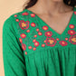 Janasya Pleated Dobby Cotton Green Embroidered V-Neck Dress | Swadesiicart