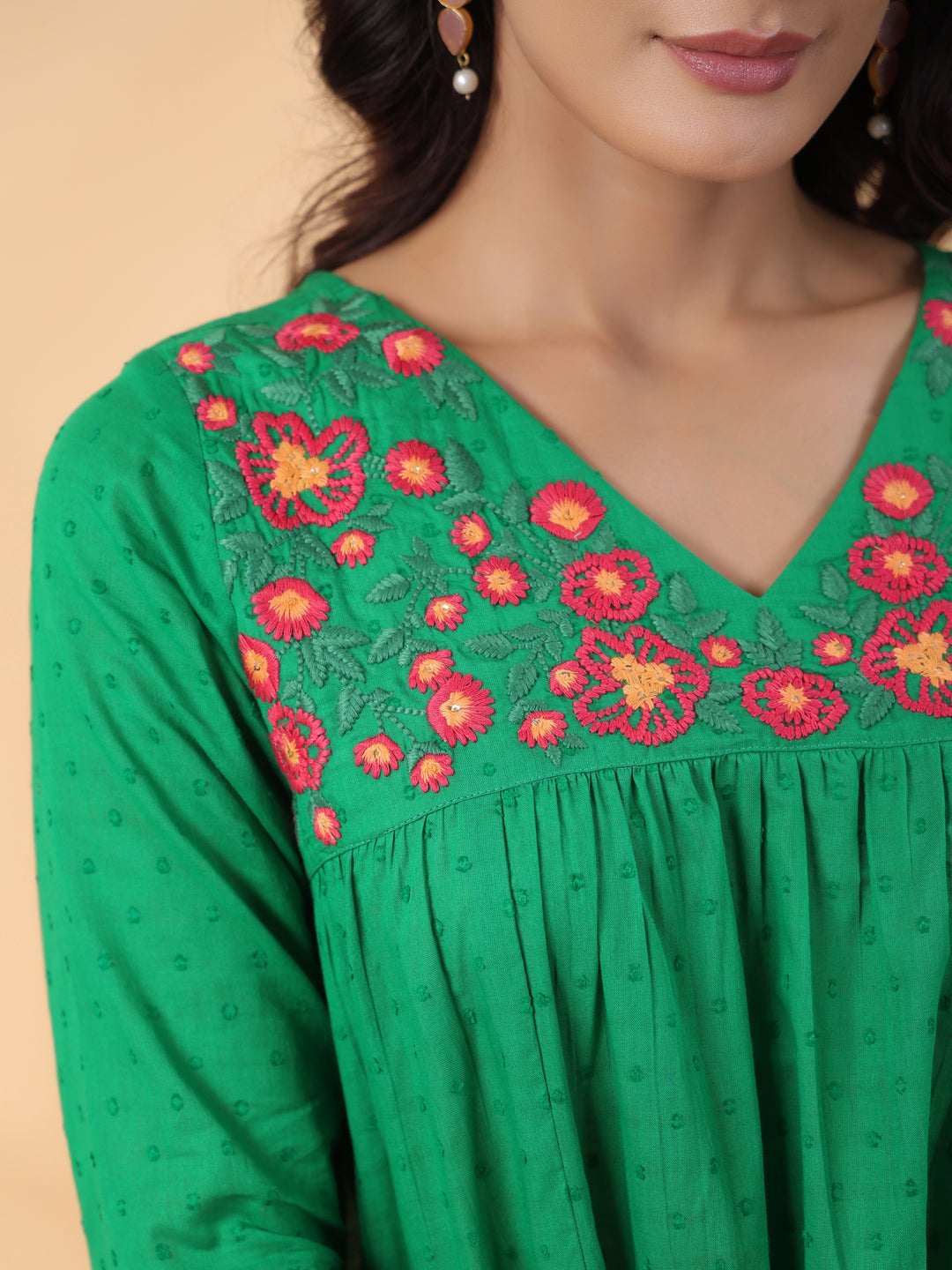 Janasya Pleated Dobby Cotton Green Embroidered V-Neck Dress | Swadesiicart