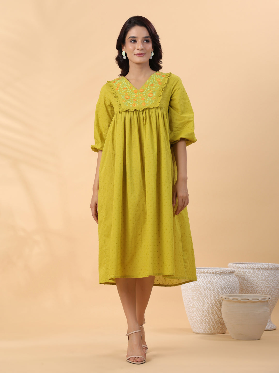 Janasya Pleated Dobby Cotton Lime Green Embroidered V-Neck Dress | Swadesiicart
