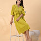 Janasya Pleated Dobby Cotton Lime Green Embroidered V-Neck Dress | Swadesiicart