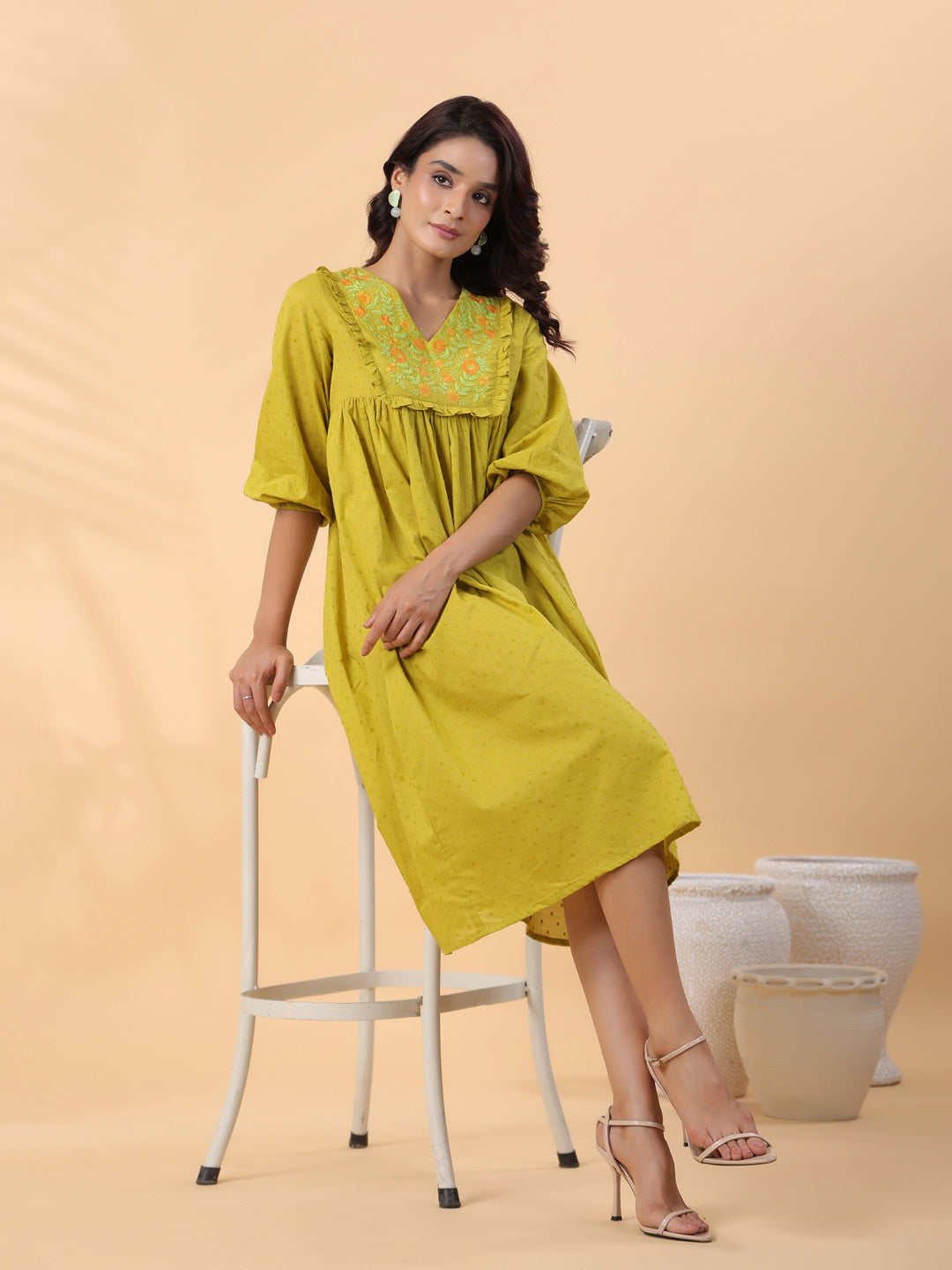 Janasya Pleated Dobby Cotton Lime Green Embroidered V-Neck Dress | Swadesiicart