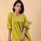 Janasya Pleated Dobby Cotton Lime Green Embroidered V-Neck Dress | Swadesiicart