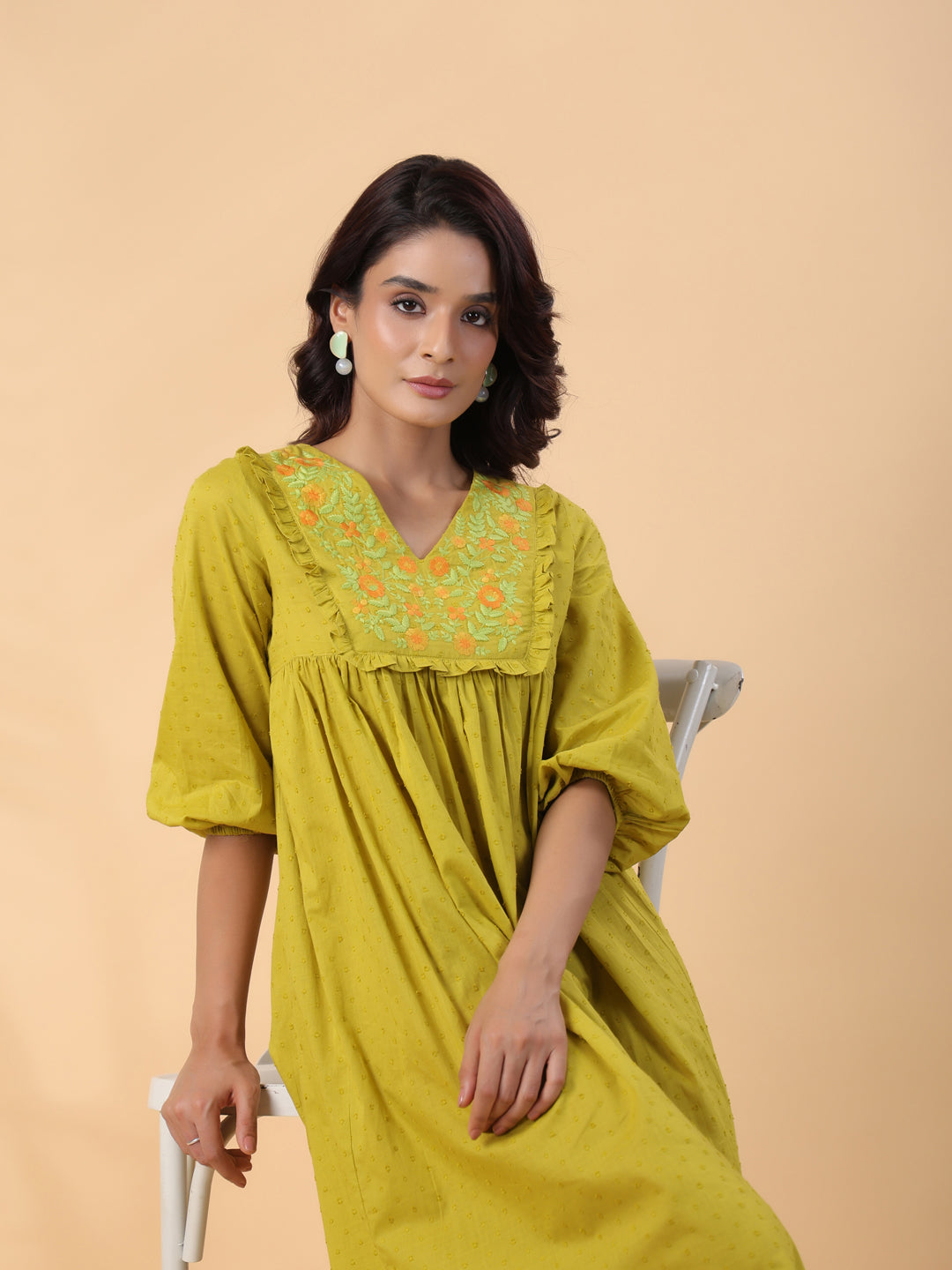 Janasya Pleated Dobby Cotton Lime Green Embroidered V-Neck Dress | Swadesiicart