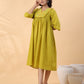 Janasya Pleated Dobby Cotton Lime Green Embroidered V-Neck Dress | Swadesiicart