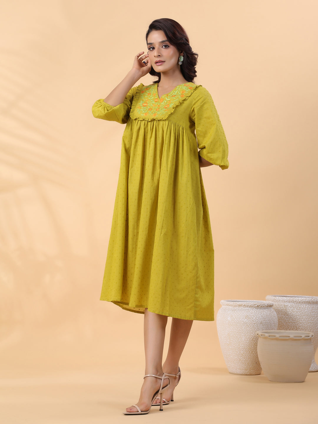 Janasya Pleated Dobby Cotton Lime Green Embroidered V-Neck Dress | Swadesiicart