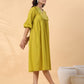 Janasya Pleated Dobby Cotton Lime Green Embroidered V-Neck Dress | Swadesiicart