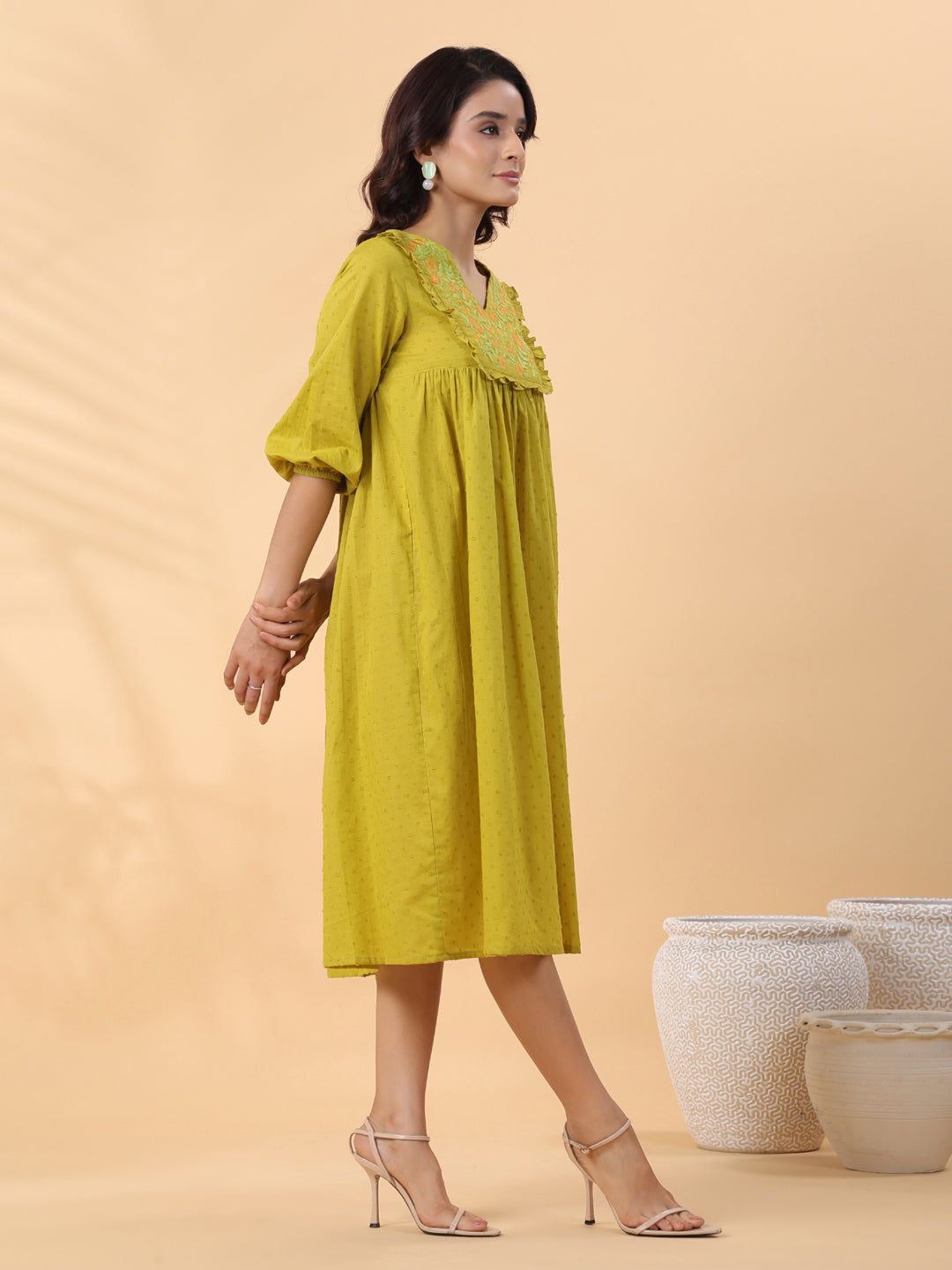 Janasya Pleated Dobby Cotton Lime Green Embroidered V-Neck Dress | Swadesiicart