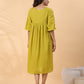 Janasya Pleated Dobby Cotton Lime Green Embroidered V-Neck Dress | Swadesiicart