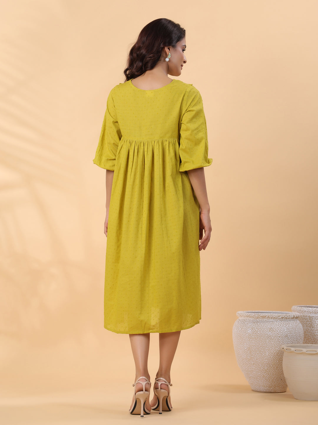 Janasya Pleated Dobby Cotton Lime Green Embroidered V-Neck Dress | Swadesiicart