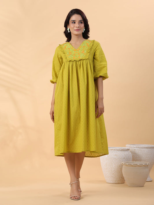 Janasya Pleated Dobby Cotton Lime Green Embroidered V-Neck Dress | Swadesiicart
