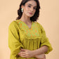 Janasya Pleated Dobby Cotton Lime Green Embroidered V-Neck Dress | Swadesiicart