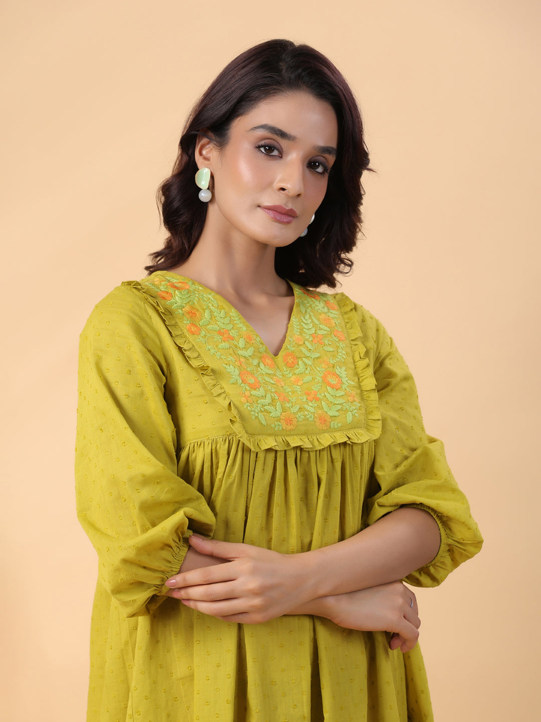 Janasya Pleated Dobby Cotton Lime Green Embroidered V-Neck Dress | Swadesiicart