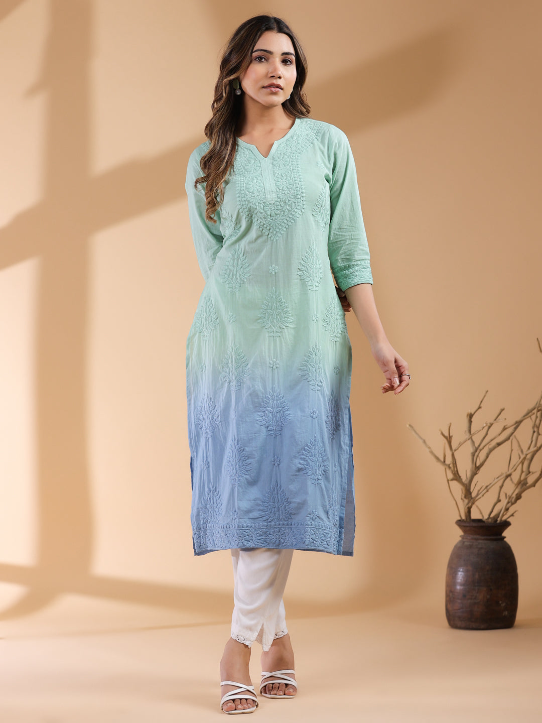 Janasya Bright Cotton Ombre Straight Kurta | Swadesiicart