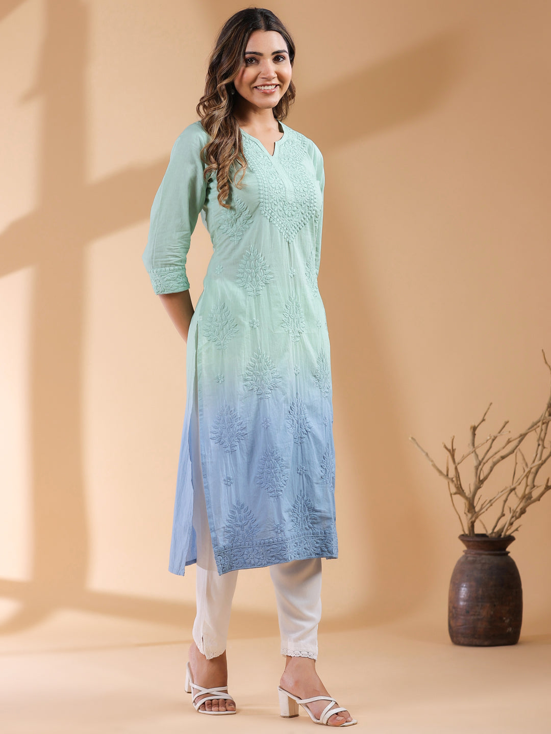 Janasya Bright Cotton Ombre Straight Kurta | Swadesiicart