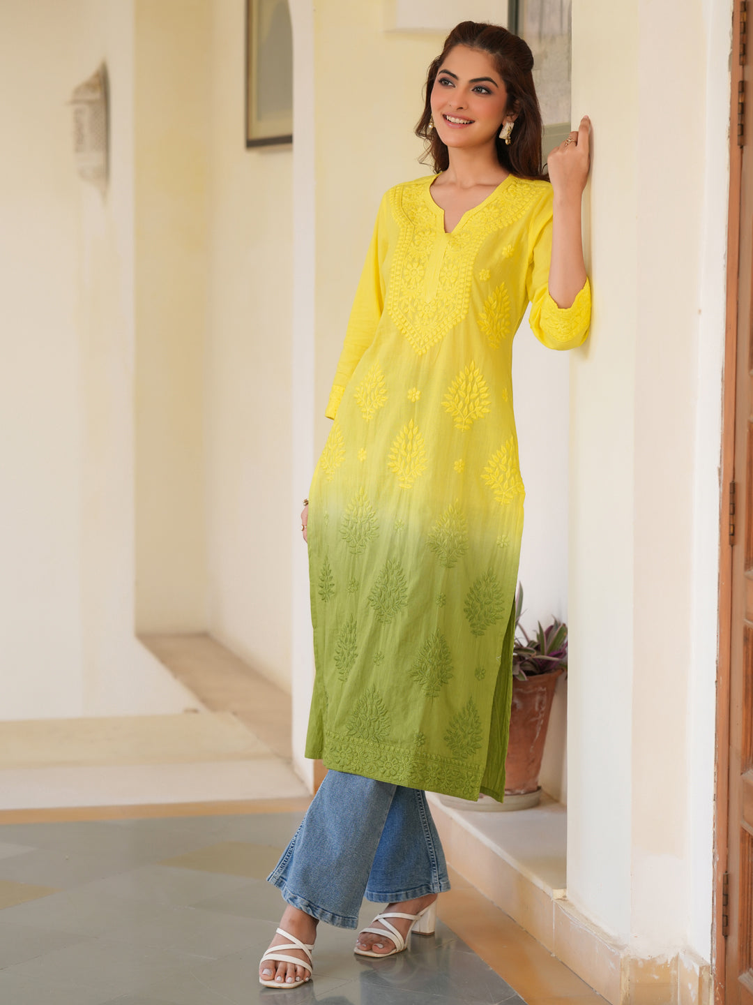 Janasya Bright Cotton Ombre Straight Kurta | Swadesiicart