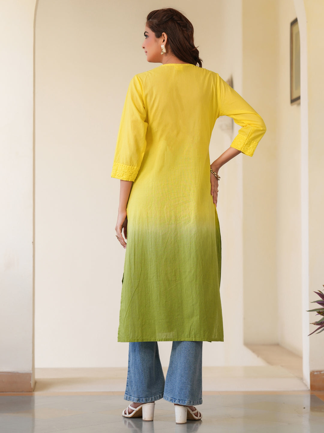 Janasya Bright Cotton Ombre Straight Kurta | Swadesiicart