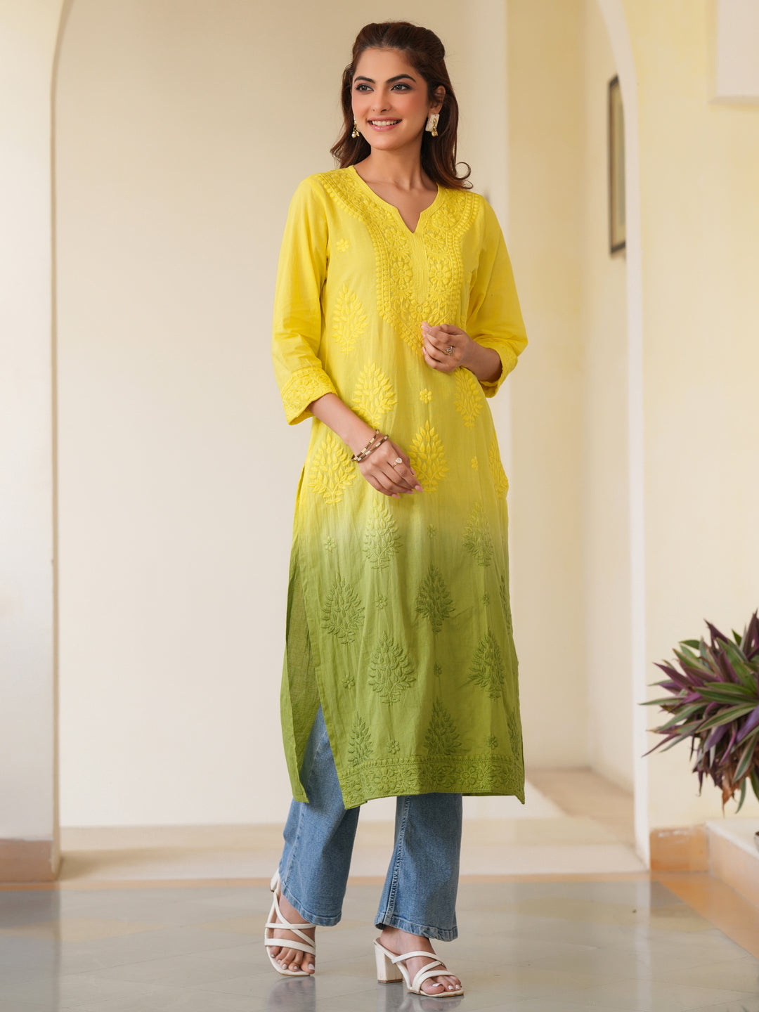 Janasya Bright Cotton Ombre Straight Kurta | Swadesiicart