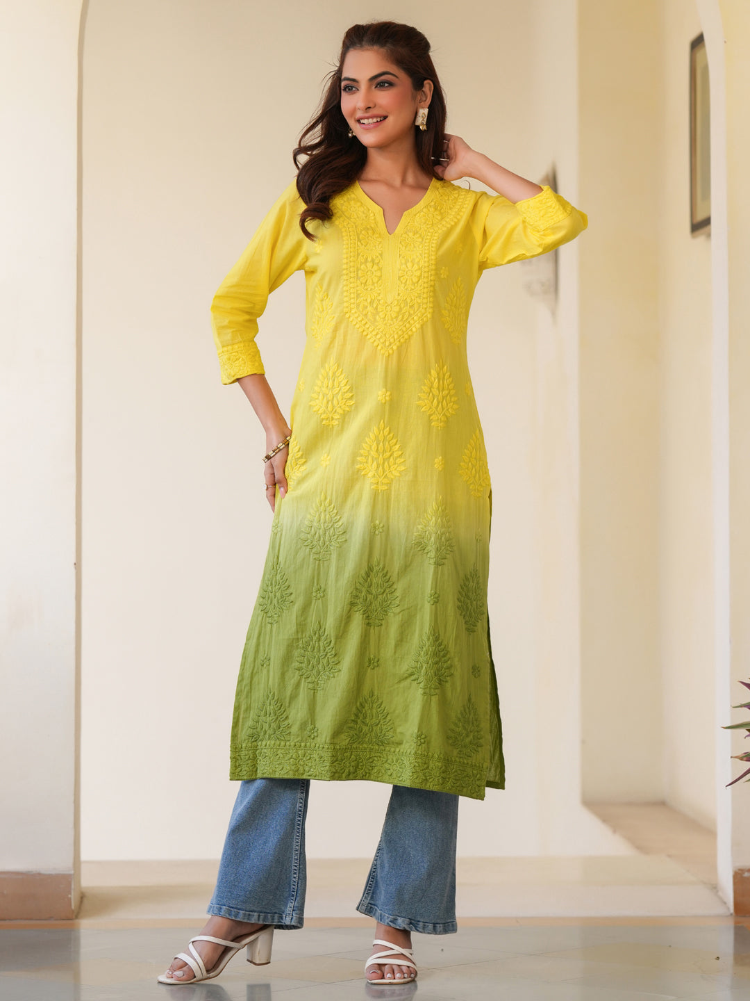 Janasya Bright Cotton Ombre Straight Kurta | Swadesiicart