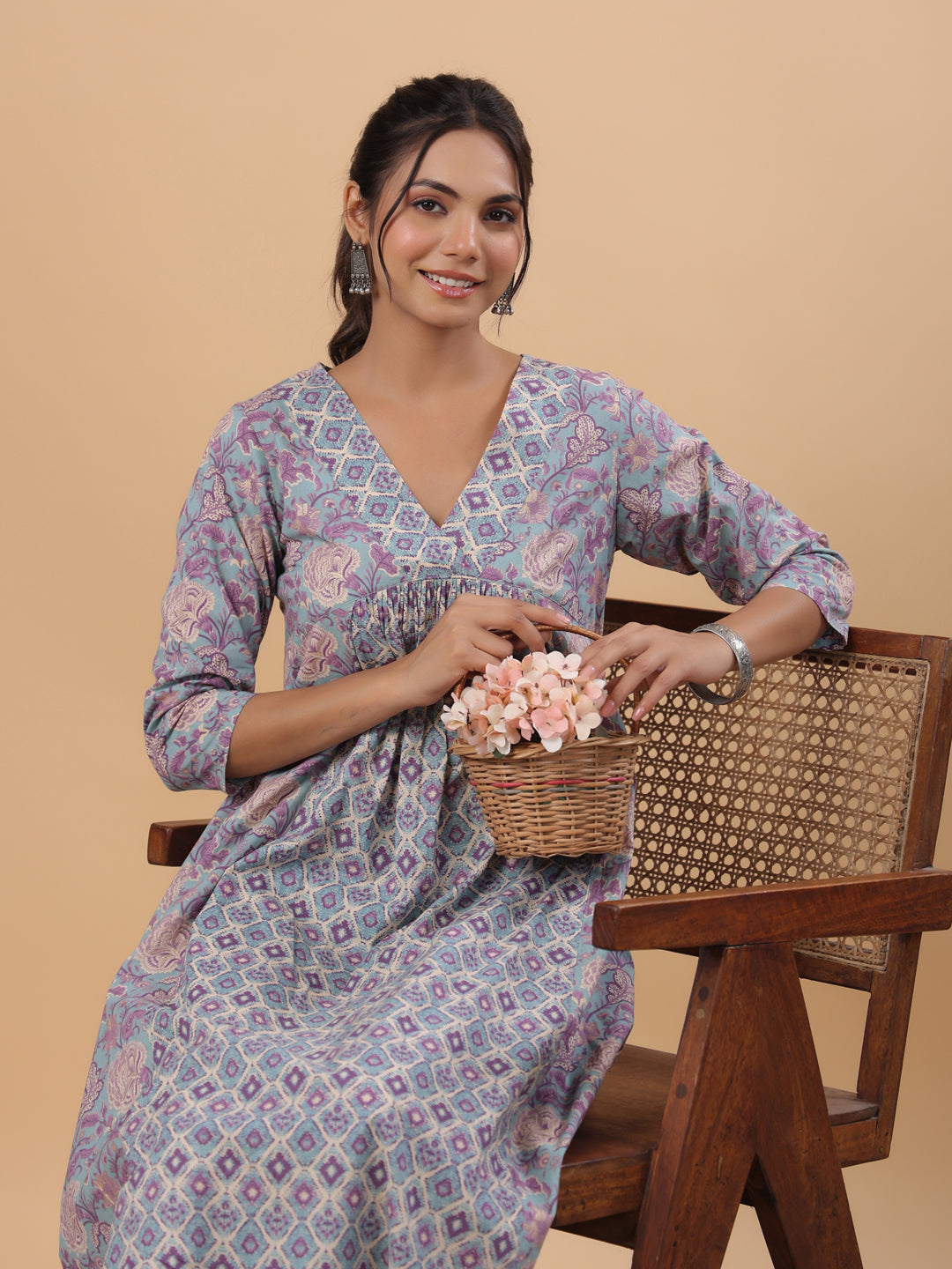Janasya Light Blue Cambric Floral Set | Swadesiicart