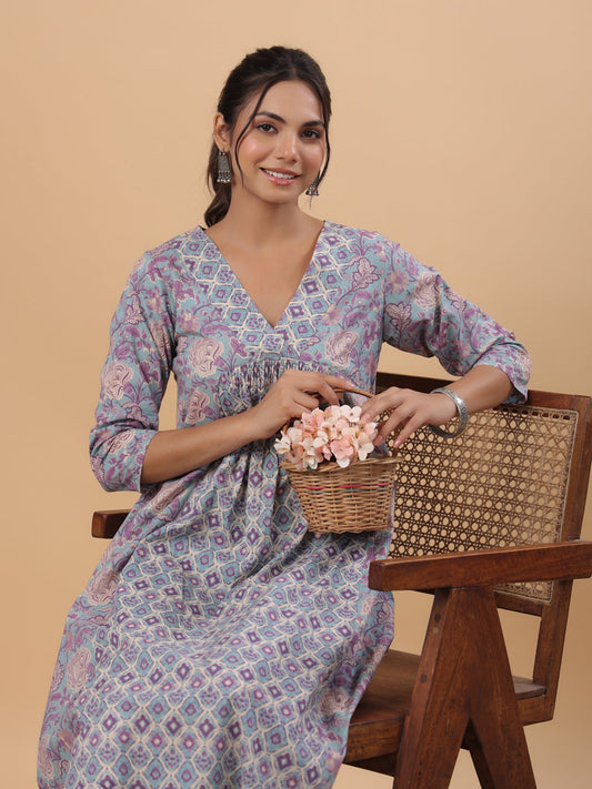 Janasya Light Blue Cambric Floral Set | Swadesiicart