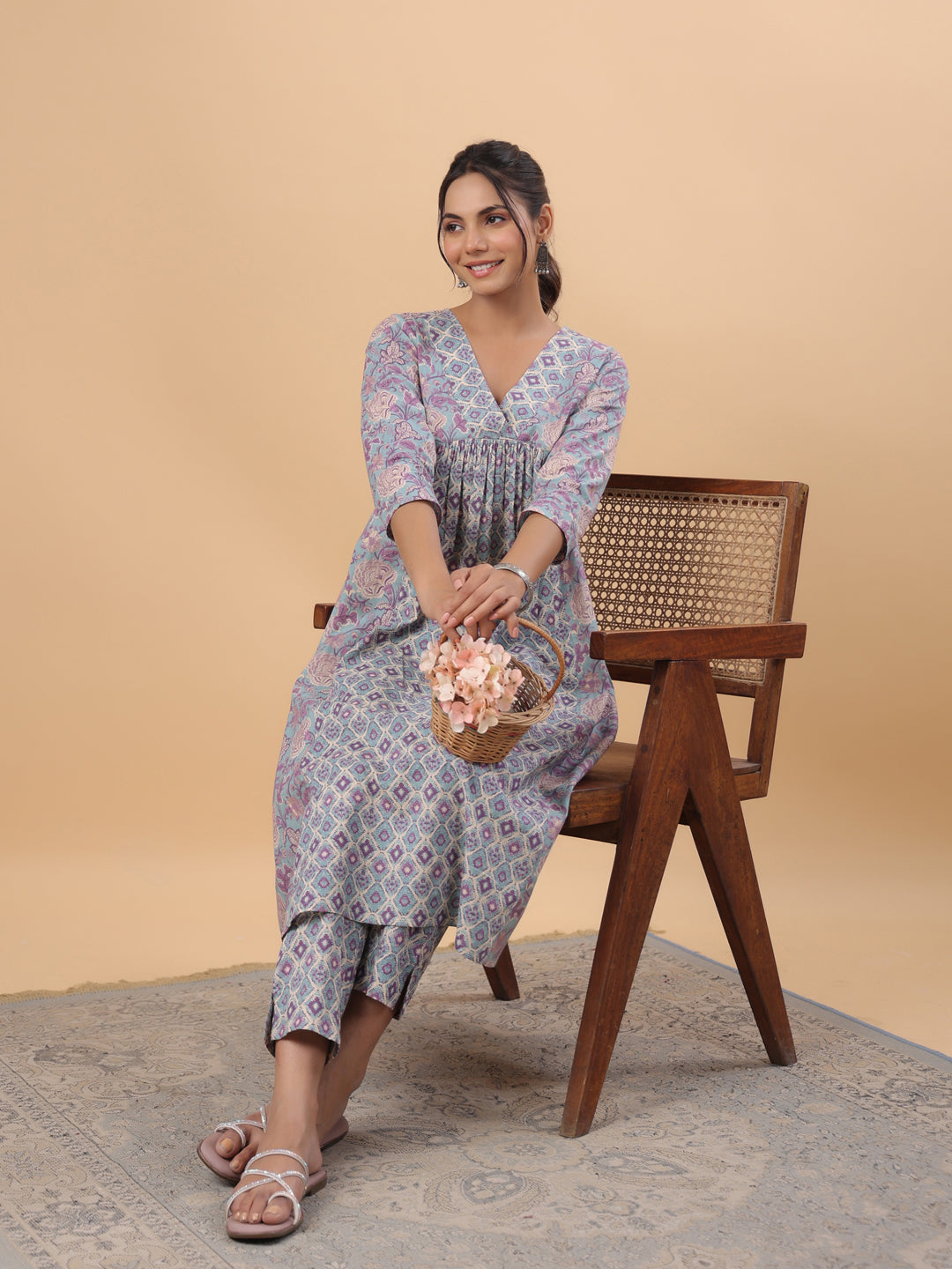 Janasya Light Blue Cambric Floral Set | Swadesiicart