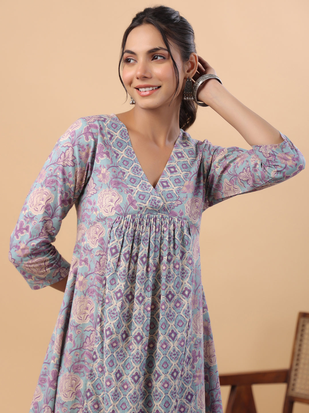 Janasya Light Blue Cambric Floral Set | Swadesiicart