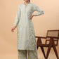Janasya Regular Cambric Light Blue Floral Mandarin Collar Set | Swadesiicart