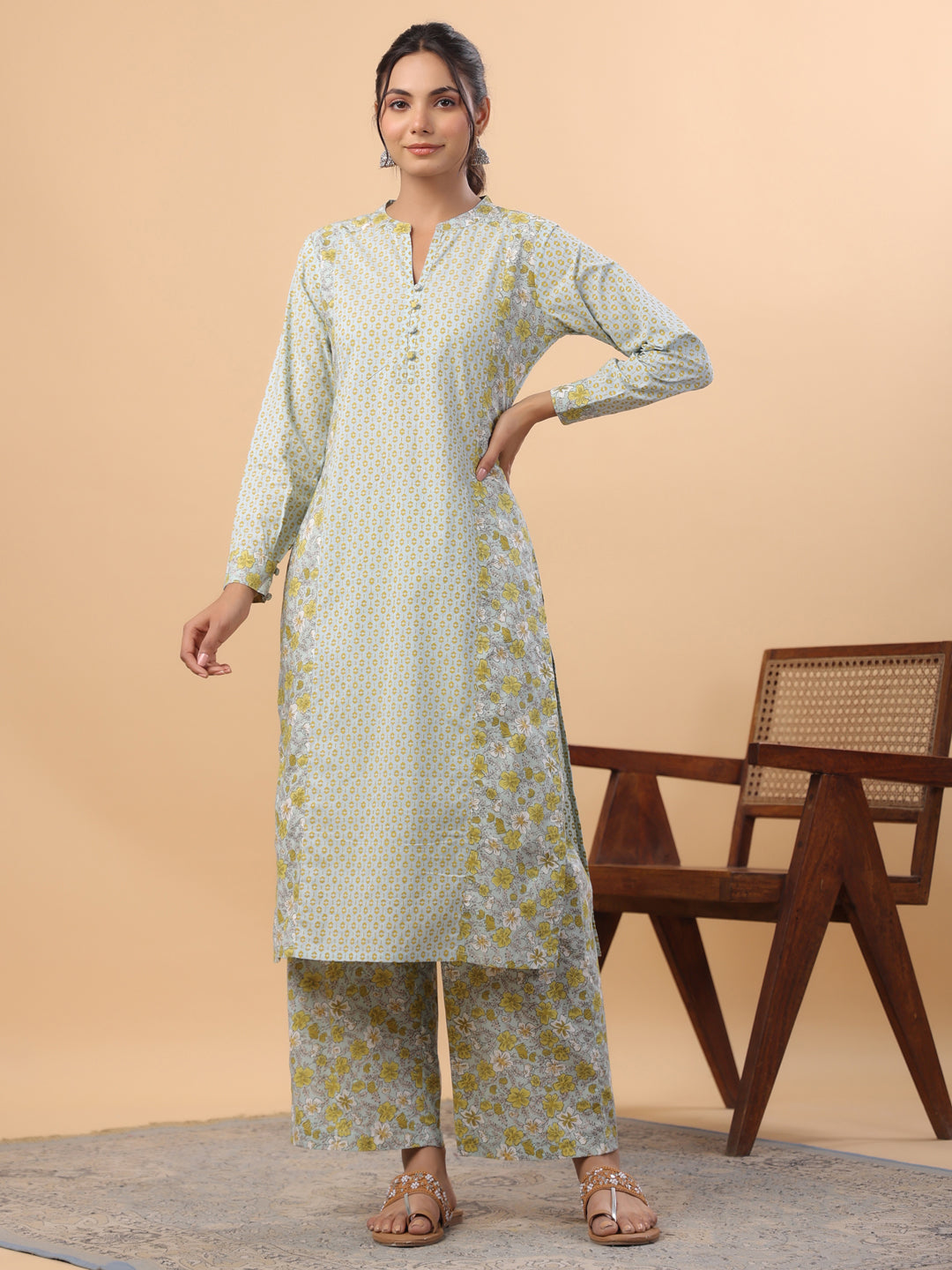 Janasya Regular Cambric Light Blue Floral Mandarin Collar Set | Swadesiicart