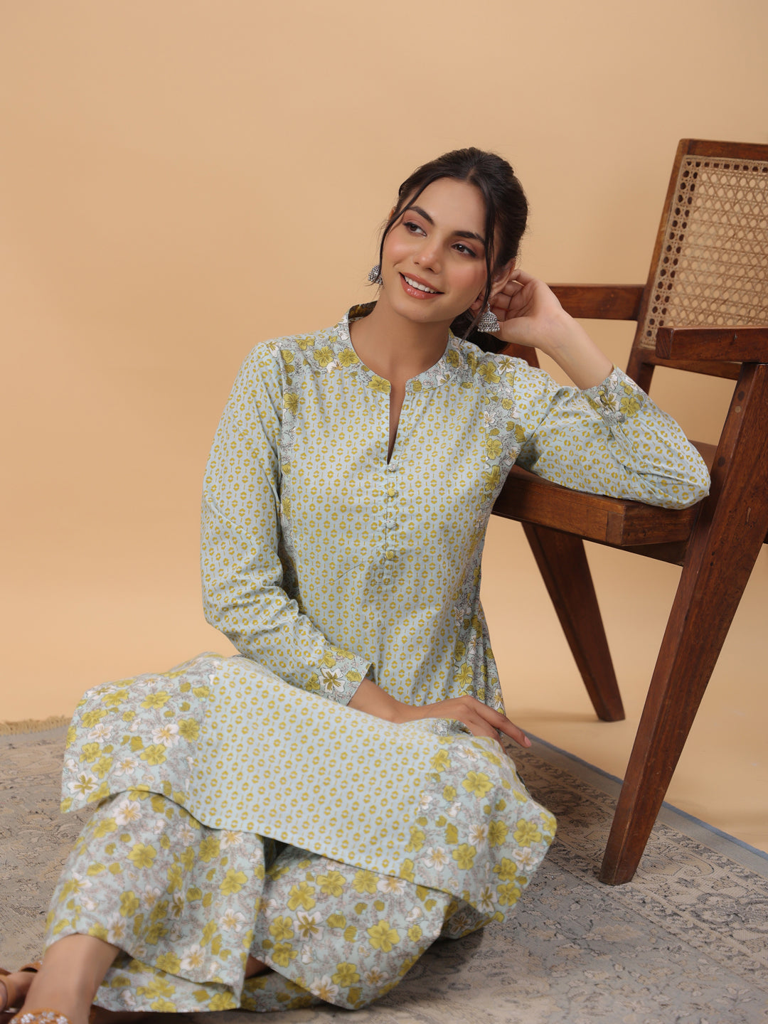 Janasya Regular Cambric Light Blue Floral Mandarin Collar Set | Swadesiicart