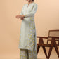 Janasya Regular Cambric Light Blue Floral Mandarin Collar Set | Swadesiicart