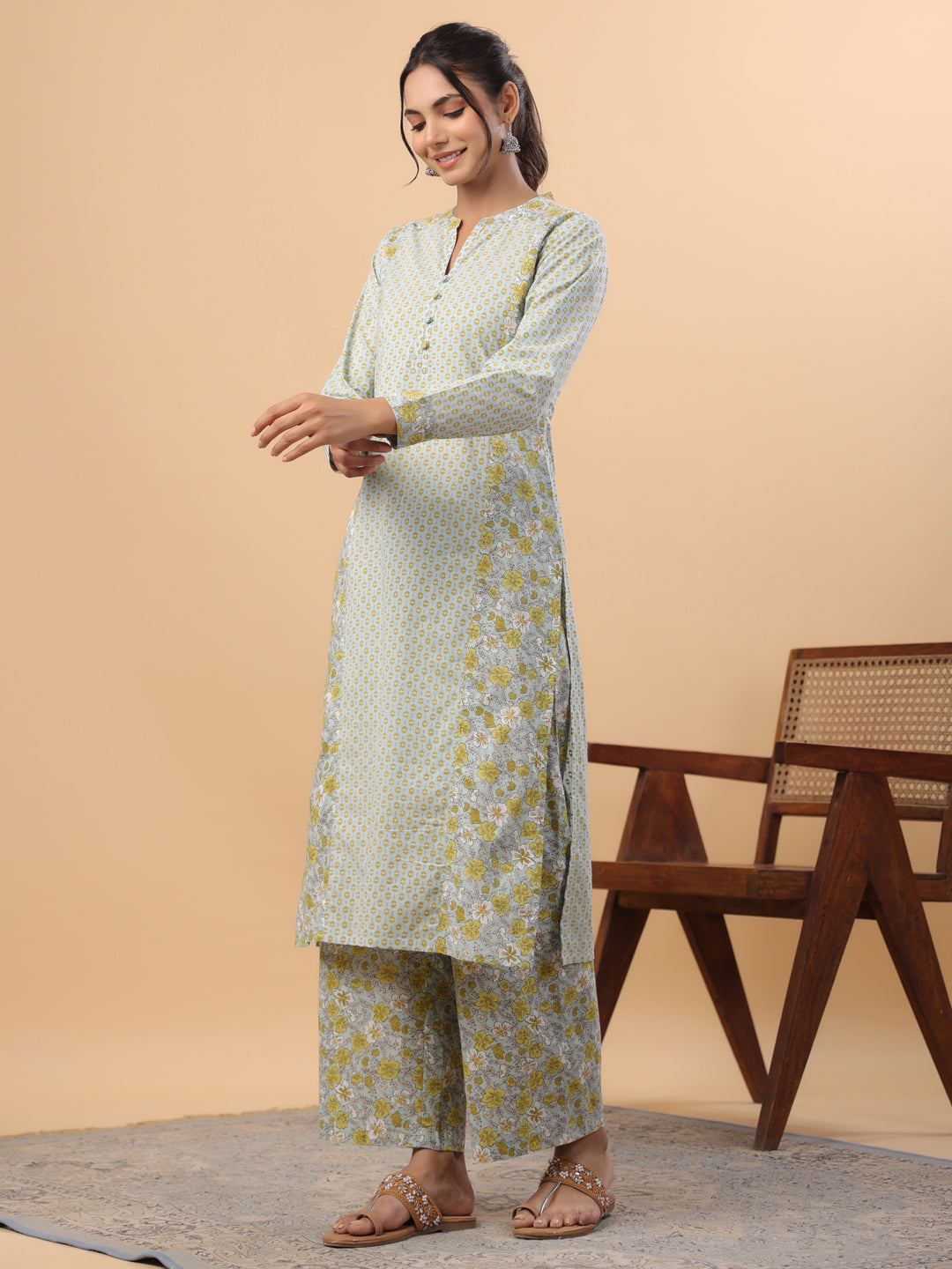 Janasya Regular Cambric Light Blue Floral Mandarin Collar Set | Swadesiicart