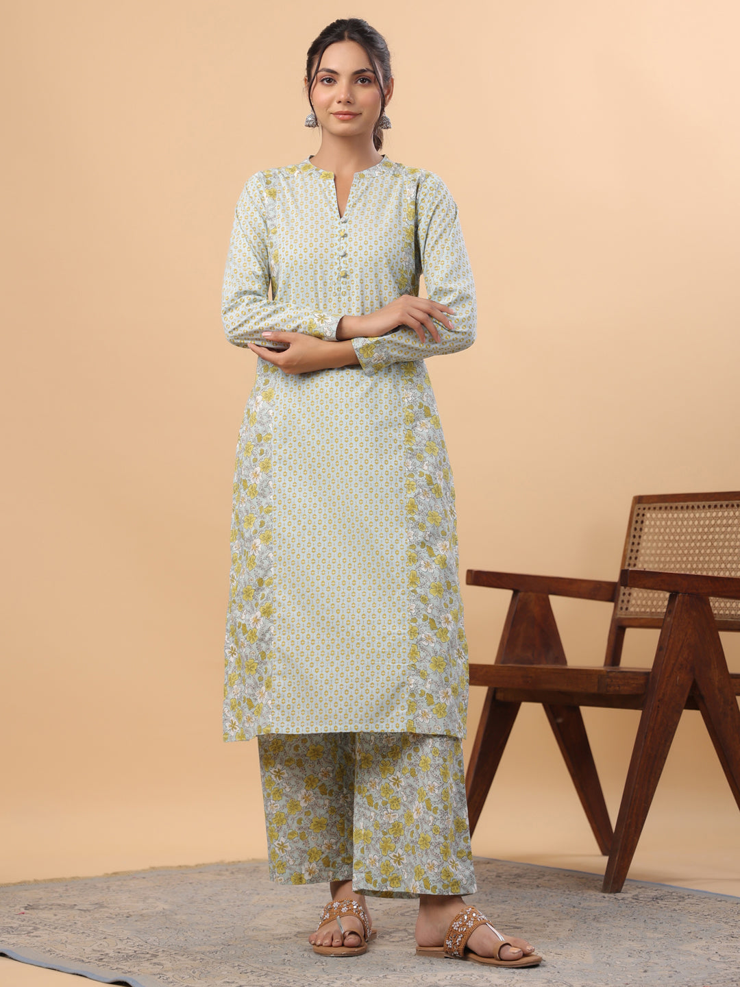 Janasya Regular Cambric Light Blue Floral Mandarin Collar Set | Swadesiicart