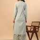 Janasya Regular Cambric Light Blue Floral Mandarin Collar Set | Swadesiicart