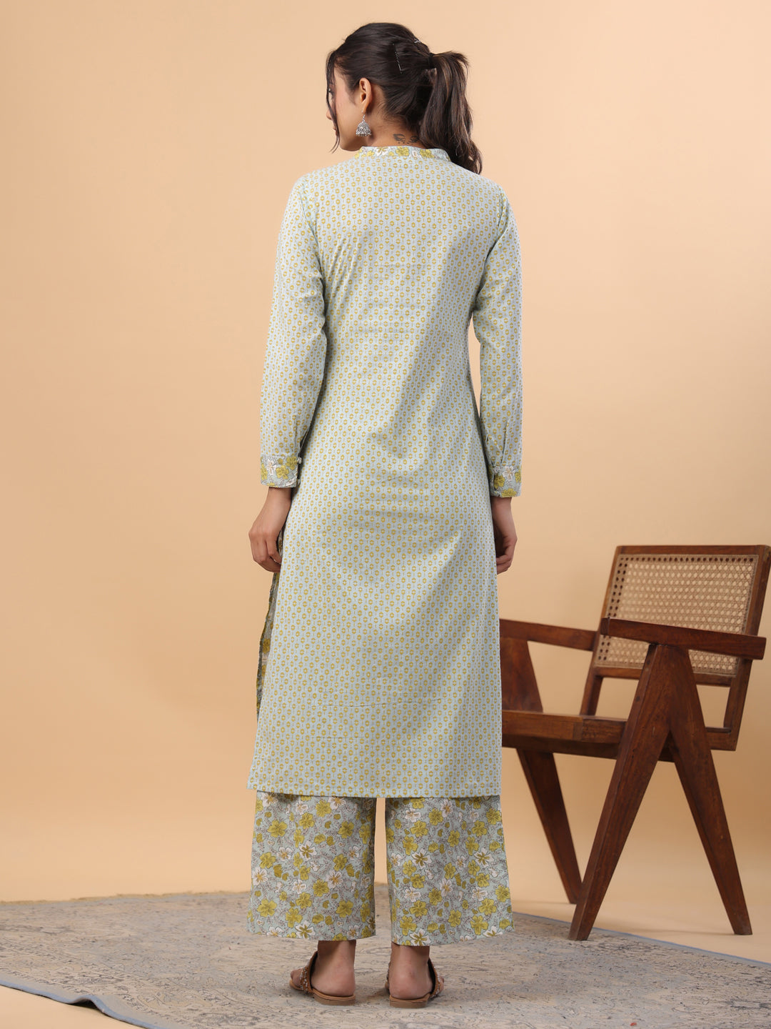 Janasya Regular Cambric Light Blue Floral Mandarin Collar Set | Swadesiicart