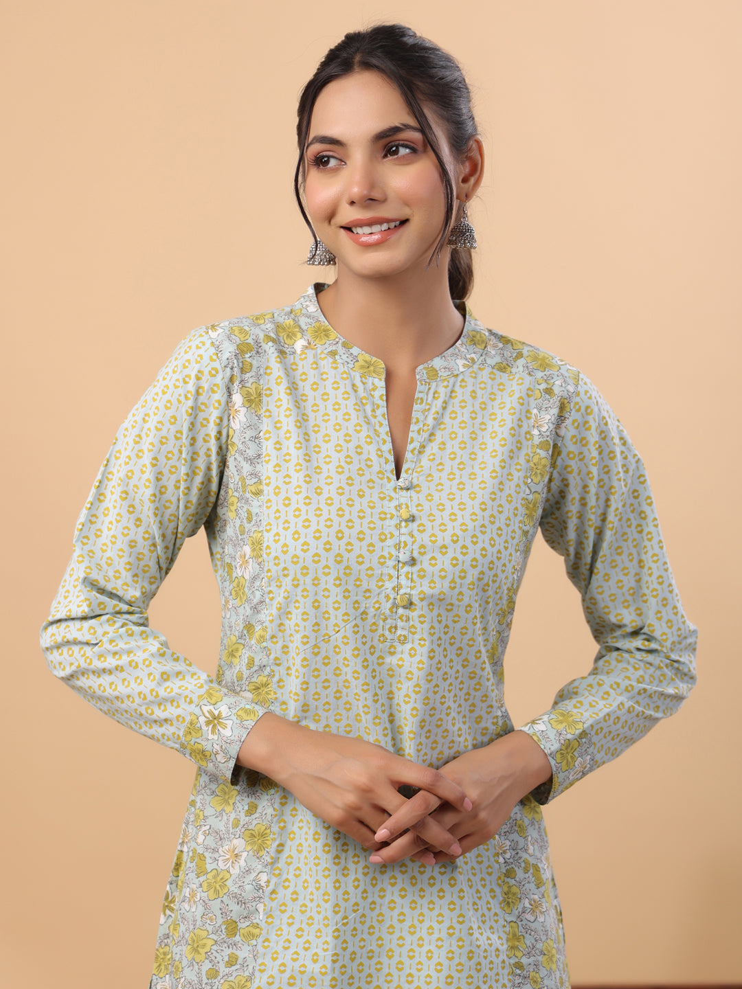 Janasya Regular Cambric Light Blue Floral Mandarin Collar Set | Swadesiicart