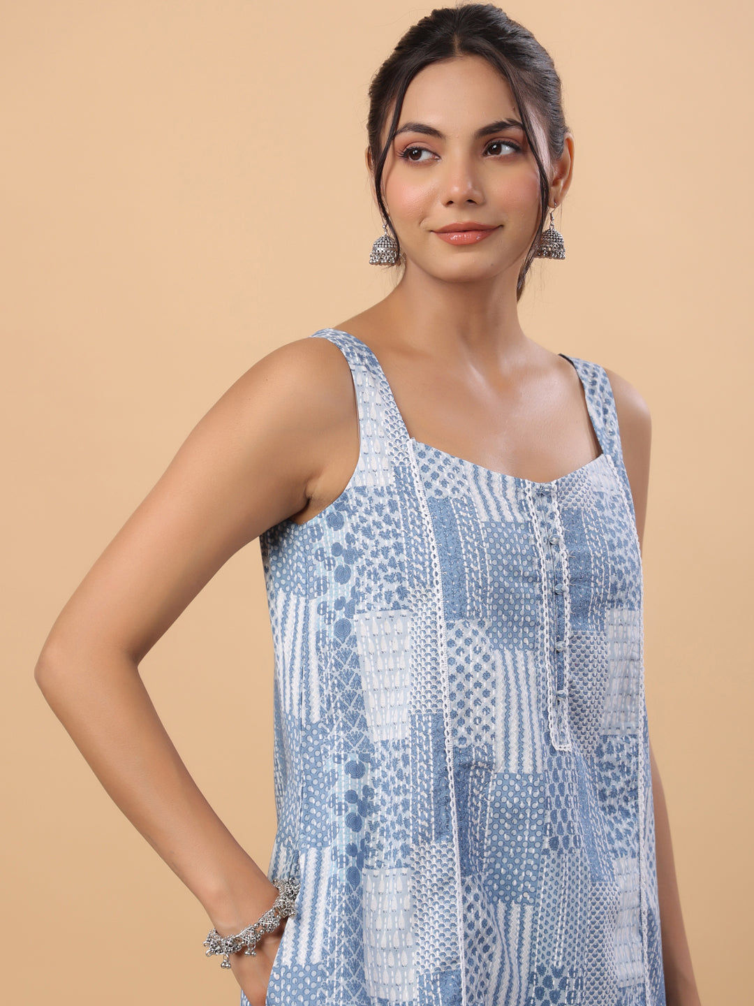Janasya A-Line Cambric Blue Ethnic Motifs Sweetheart Neck Set | Swadesiicart