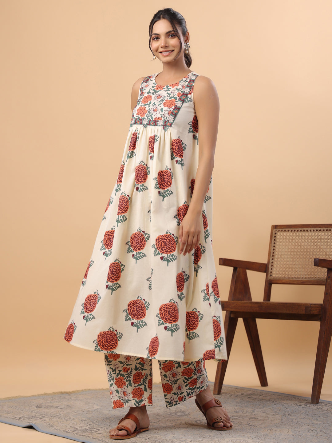 Janasya Gathered Cambric Cream Floral Round Neck Kurta & Bottom | Swadesiicart