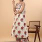 Janasya Gathered Cambric Cream Floral Round Neck Kurta & Bottom | Swadesiicart